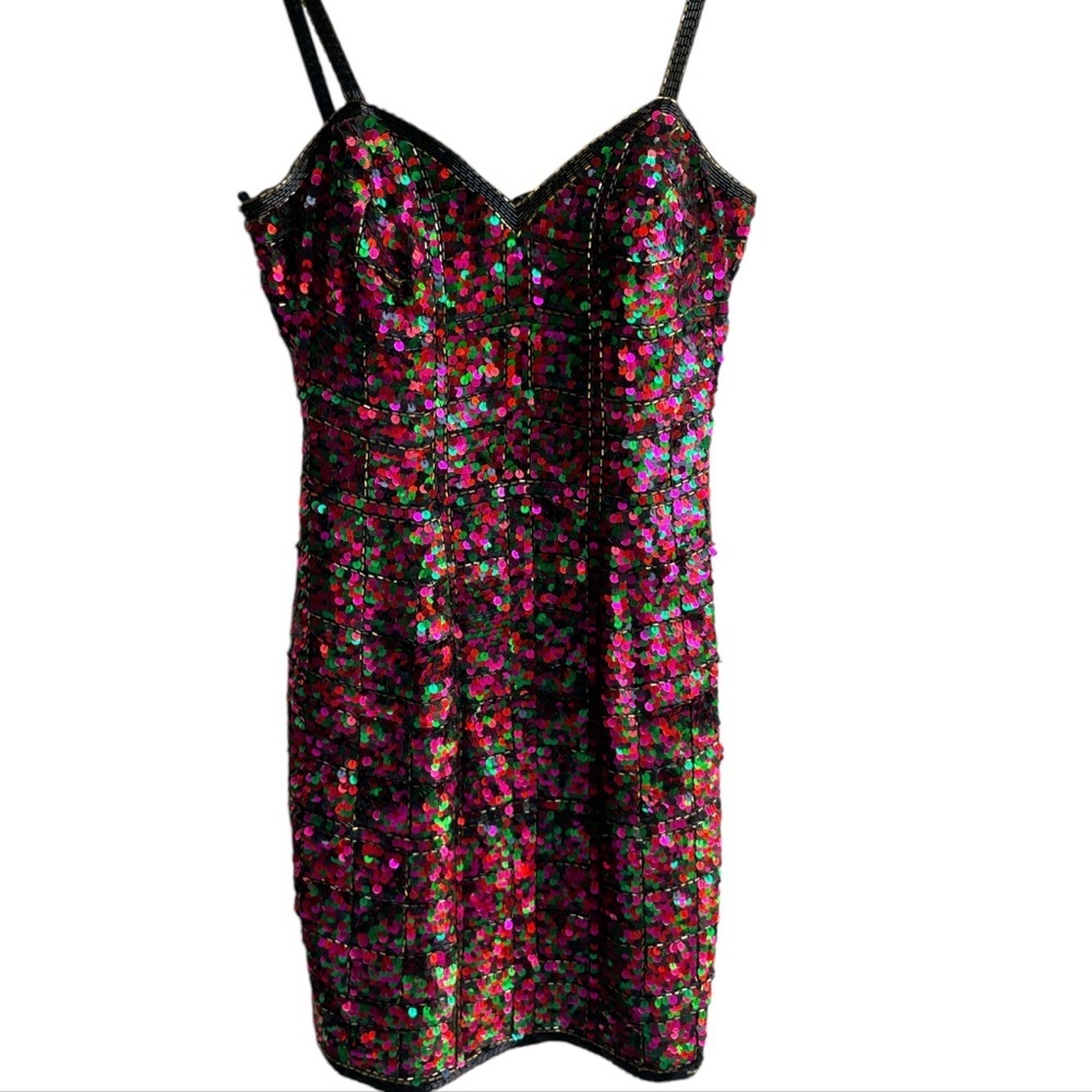 VTG A.J. Bari Silk Sequin Beaded Mini Dress Size 4 Multicolor Party Glam 90s